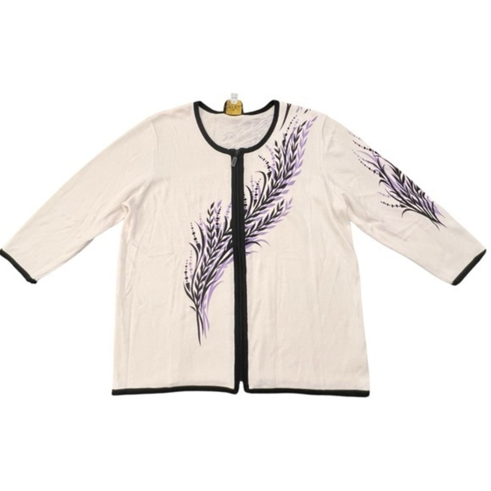 Bob Mackie‎ Wearable Art Leaf Print Cardigan Sweater Front Zipper Size Large